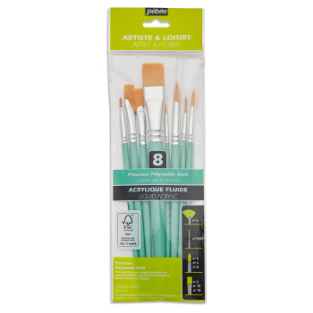 SET 8 KURZSTIELIGE PINSEL  rund n°0, 4, 8, flach n°2, 10, 18, Fächer n°6, Liner n°10/10 - POLY G- 100% Holz FS