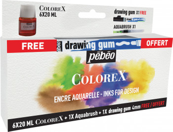 Набор акварельных чернил COLOREX 6 флаконов 20 мл + кисть с резервуаром + маркер DRAWING GUM 4 мм